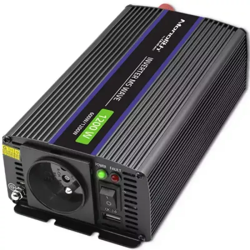 Inversor QOLTEC Monolith 600 W — 12 V para 230 V, USB PD 18 W, Auto/Interior, preto