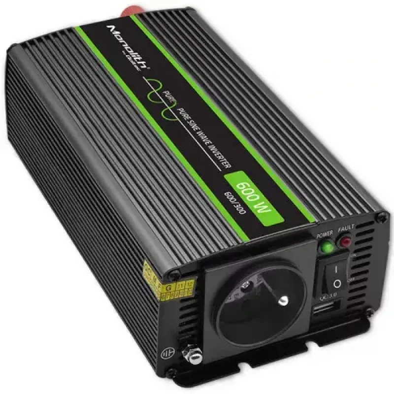 Inversor QOLTEC Monolith 600 W — 12 V para 230 V, USB PD 18 W, Auto/Interior, preto