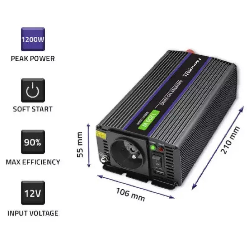 Inversor QOLTEC Monolith 600 W — 12 V para 230 V, USB PD 18 W, Auto/Interior, preto