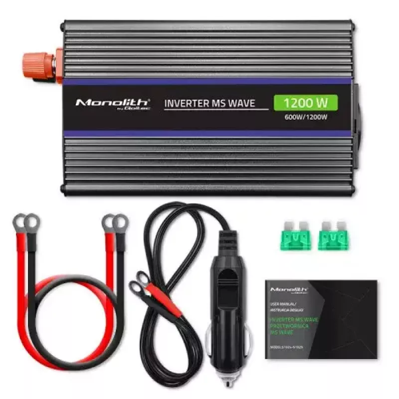 Inversor QOLTEC Monolith 600 W — 12 V para 230 V, USB PD 18 W, Auto/Interior, preto