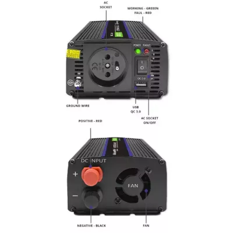 Inversor QOLTEC Monolith 600 W — 12 V para 230 V, USB PD 18 W, Auto/Interior, preto