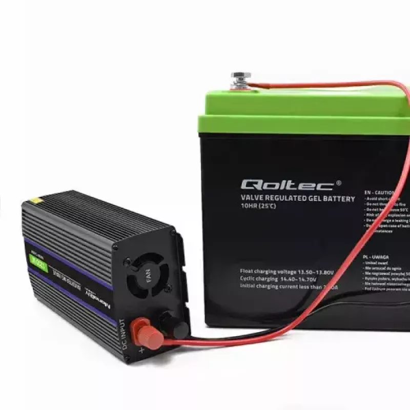 Inversor QOLTEC Monolith 600 W — 12 V para 230 V, USB PD 18 W, Auto/Interior, preto