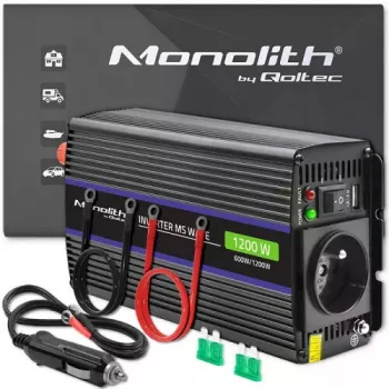 Inversor QOLTEC Monolith 600 W — 12 V para 230 V, USB PD 18 W, Auto/Interior, preto