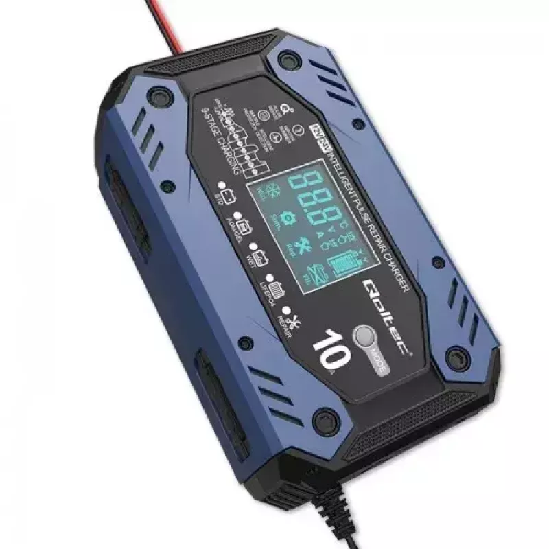 Carregador de bateria de automóvel QOLTEC 52482 12/24 V 5/10 A com visor LCD e ficha Type-F