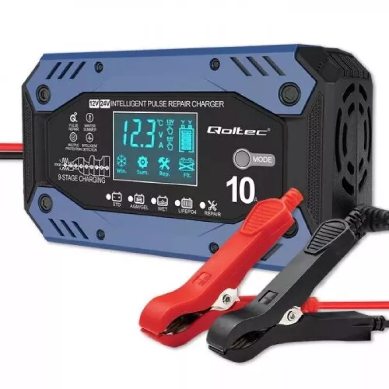 Carregador de bateria de automóvel QOLTEC 52482 12/24 V 5/10 A com visor LCD e ficha Type-F