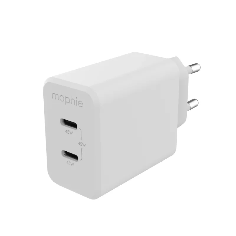 Acessório mophie, adaptador de rede – USB-C-PD-DUAL-45W-GAN – branco – EU (2x USB-C)