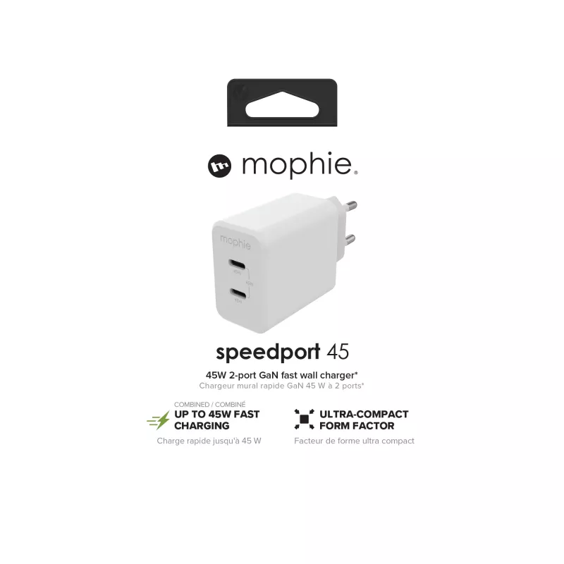 Acessório mophie, adaptador de rede – USB-C-PD-DUAL-45W-GAN – branco – EU (2x USB-C)