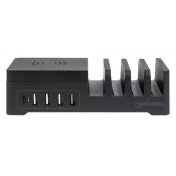 Estação de carregamento Manhattan com base de carregamento sem fios (amovível), 1x sem fios, 1x USB-C e 4x portas USB-A, potência de saída sem fios: 2 A, potência de saída USB-C: 3 A, saídas USB-A: 1x 3 A e 3x máx. 2,4 A, cabo 1 m, preto (cabo de alimentação: ficha europeia de 2 polos para conector de aparelho C7)
