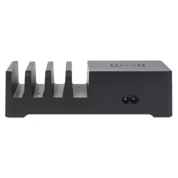 Estação de carregamento Manhattan com base de carregamento sem fios (amovível), 1x sem fios, 1x USB-C e 4x portas USB-A, potência de saída sem fios: 2 A, potência de saída USB-C: 3 A, saídas USB-A: 1x 3 A e 3x máx. 2,4 A, cabo 1 m, preto (cabo de alimentação: ficha europeia de 2 polos para conector de aparelho C7)