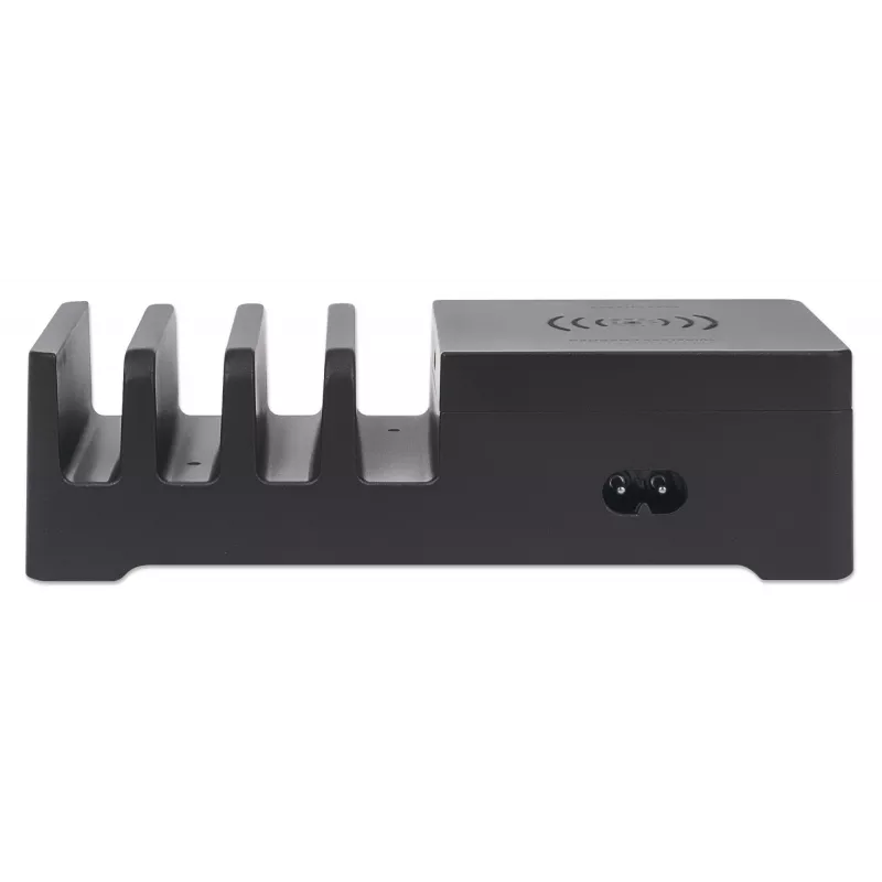 Estação de carregamento Manhattan com base de carregamento sem fios (amovível), 1x sem fios, 1x USB-C e 4x portas USB-A, potência de saída sem fios: 2 A, potência de saída USB-C: 3 A, saídas USB-A: 1x 3 A e 3x máx. 2,4 A, cabo 1 m, preto (cabo de alimentação: ficha europeia de 2 polos para conector de aparelho C7)