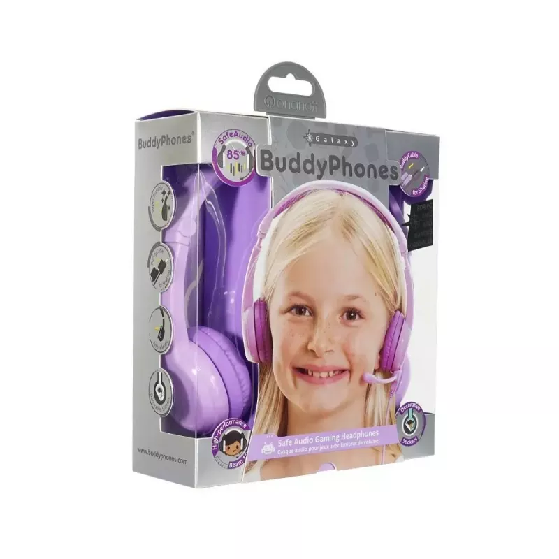 buddy phones Galaxy lilás — auscultadores over-ear para crianças, arco de cabeça ajustável, volume limitado