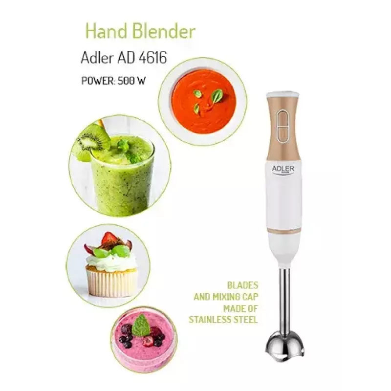 Varinha mágica Adler AD 4616 — varinha mágica manual, 500 W máx, 2 velocidades, lâminas em aço inoxidável, branca