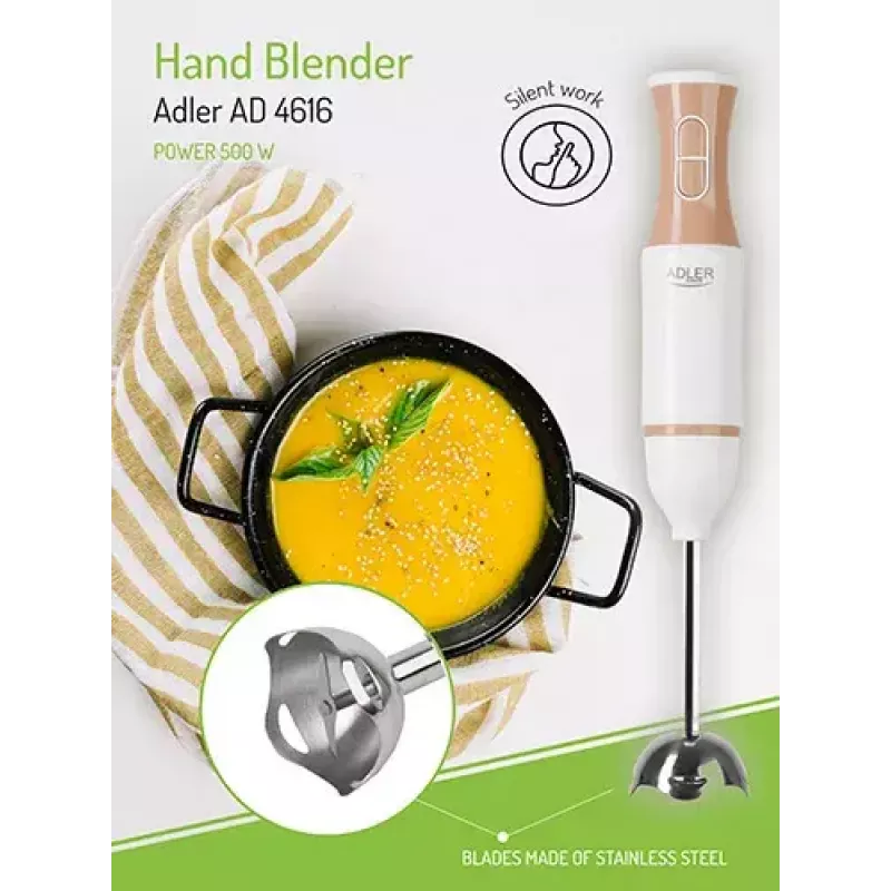 Varinha mágica Adler AD 4616 — varinha mágica manual, 500 W máx, 2 velocidades, lâminas em aço inoxidável, branca