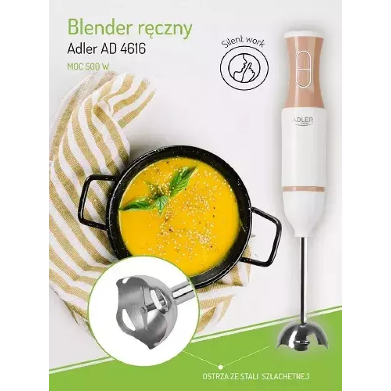 Varinha mágica Adler AD 4616 — varinha mágica manual, 500 W máx, 2 velocidades, lâminas em aço inoxidável, branca
