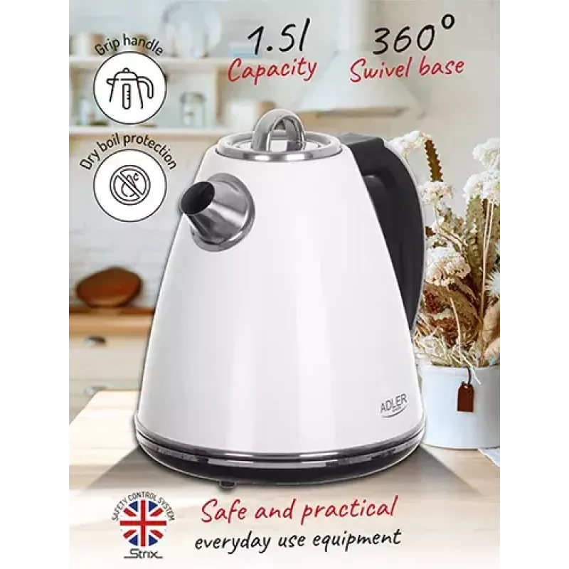 Adler AD 1343 chaleira elétrica, 1,5 l, 1850 W, aço inoxidável, Strix, branca