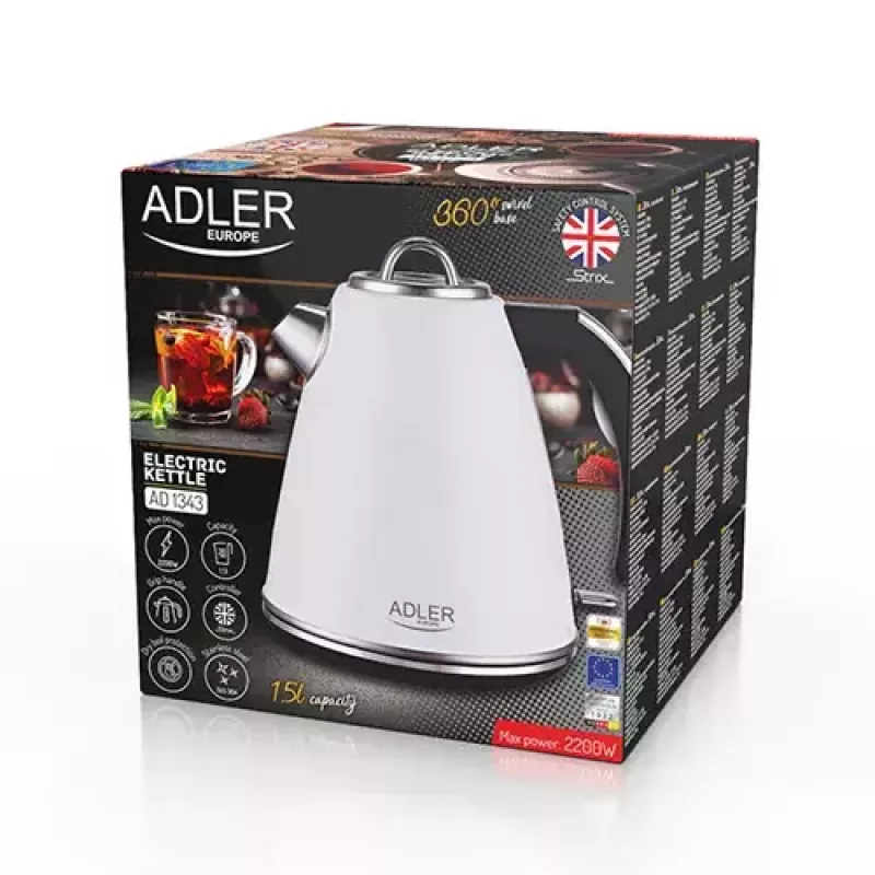 Adler AD 1343 chaleira elétrica, 1,5 l, 1850 W, aço inoxidável, Strix, branca