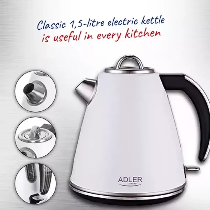 Adler AD 1343 chaleira elétrica, 1,5 l, 1850 W, aço inoxidável, Strix, branca