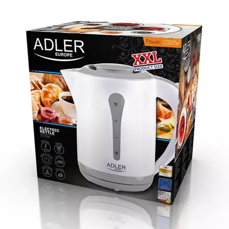 Chaleira elétrica Adler AD 1244 — 2,5 L, 2200 W, branca, resistência oculta