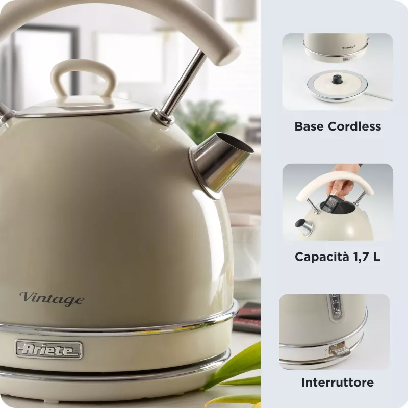 Chaleira elétrica Ariete 2877 Vintage, 1,7 L, sem fios, bege, 1,7 L, 2000 W, bege, indicador de nível de água, sem fios, filtro