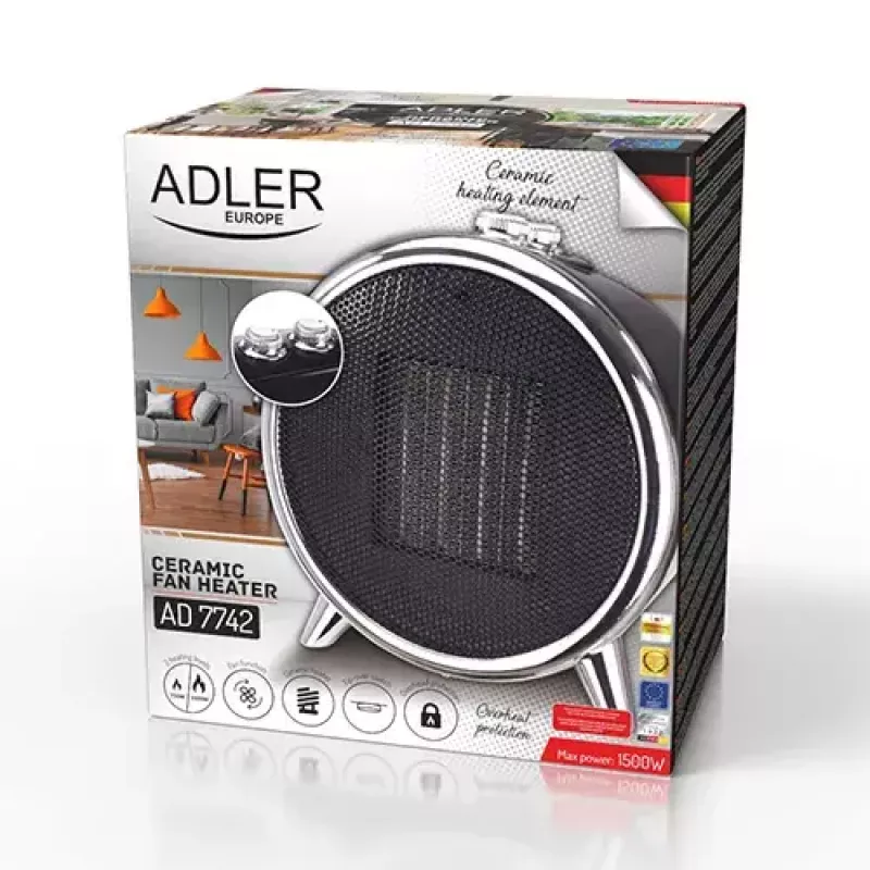 Termoventilador cerâmico elétrico Adler AD 7742 — 1500/750 W, de pé, 220–240 V, preto/prateado
