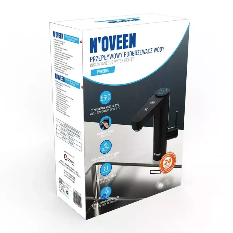 N'OVEEN IWH965 INOX BLACK torneira com aquecedor de água instantâneo, aço inoxidável, painel tátil LED, IPX4, até 55 °C, preto