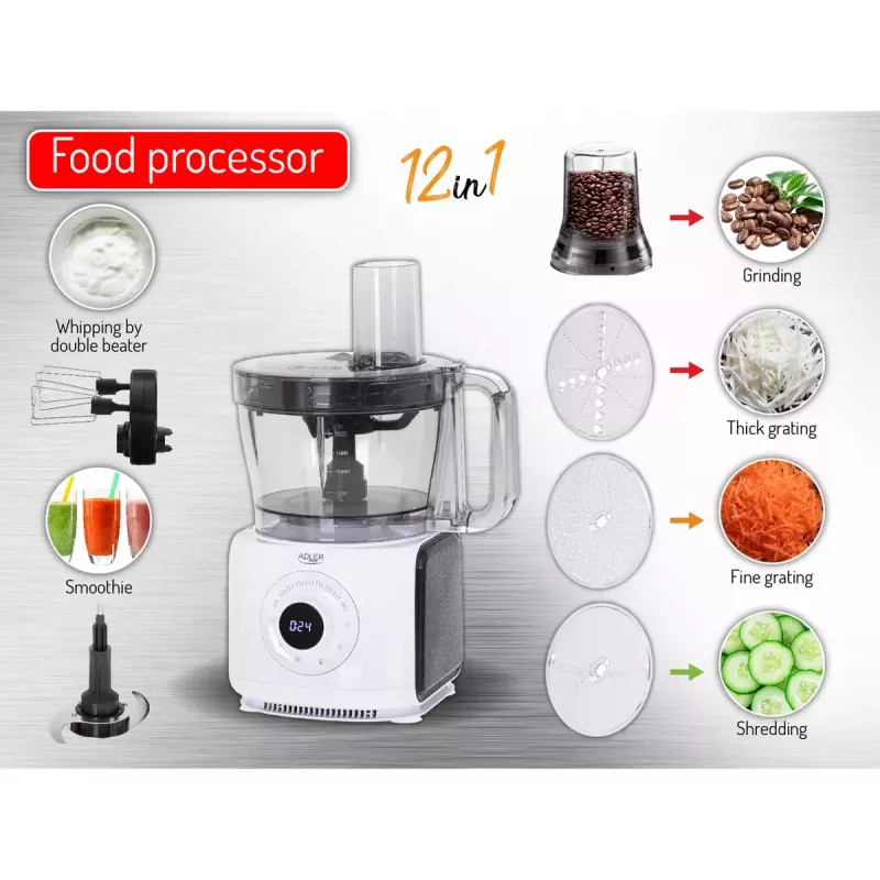 Adler AD 4224 robô de cozinha, 1000 W, taça de 2 l, 7 velocidades, branco