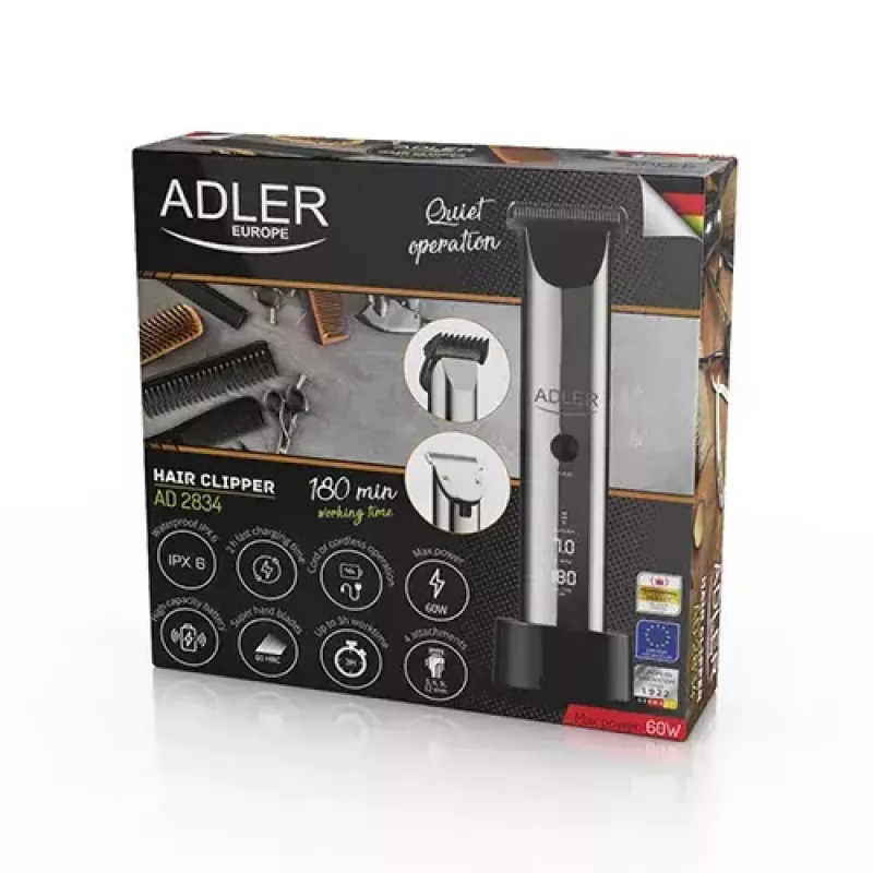 Adler AD 2834 máquina de cortar cabelo, de 3 mm a 1,2 cm, 4 pentes, LCD, prateado