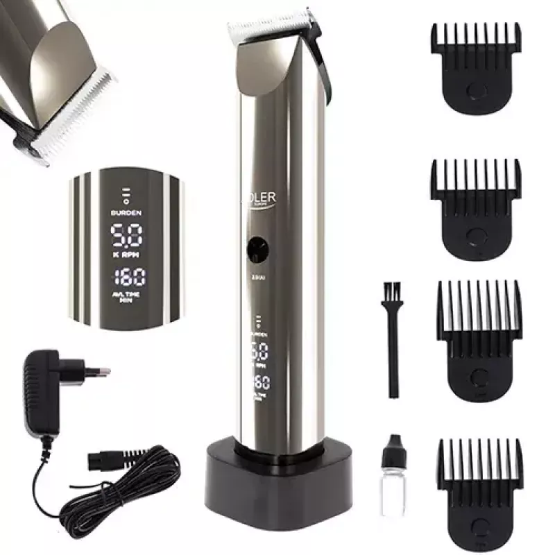 Adler AD 2834 máquina de cortar cabelo, de 3 mm a 1,2 cm, 4 pentes, LCD, prateado