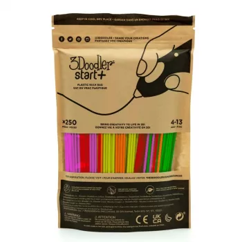 Pacote de filamento para impressão 3D 3DOODLER Start+ 250 peças, diâmetro 2,5 mm, cores fluorescentes compostáveis (vermelho néon, laranja, verde, amarelo, rosa)