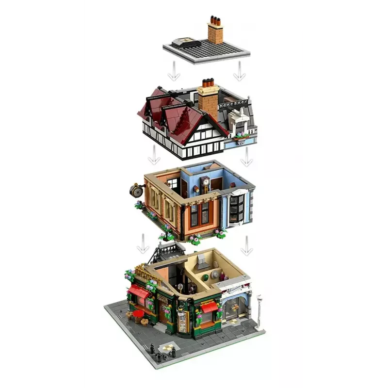 Conjunto de construção LEGO Icons 10350 Casa de Canto Tudor — 3.266 peças, 8 minifiguras, idade 18+, 260×250×310 mm