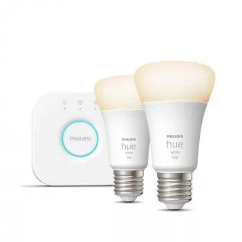 Philips Hue White Starter-Kit: 2 lâmpadas inteligentes E27 (1100), kit de iluminação inteligente, Bluetooth/Zigbee, branco, LED, E27, A60