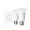 Philips Hue White Starter-Kit: 2 lâmpadas inteligentes E27 (1100), kit de iluminação inteligente, Bluetooth/Zigbee, branco, LED, E27, A60
