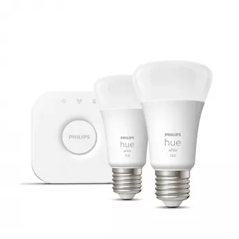 Philips Hue White Starter-Kit: 2 lâmpadas inteligentes E27 (1100), kit de iluminação inteligente, Bluetooth/Zigbee, branco, LED, E27, A60