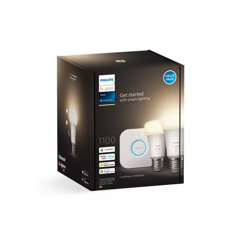 Philips Hue White Starter-Kit: 2 lâmpadas inteligentes E27 (1100), kit de iluminação inteligente, Bluetooth/Zigbee, branco, LED, E27, A60