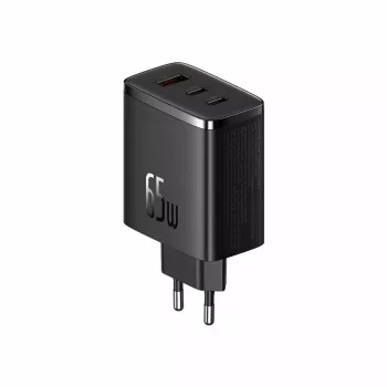 Carregador rápido Baseus Cube Pro 65W – 3 portas (2× USB-C, 1× USB-A), 110–240 V, AC interior, compatibilidade universal, preto, 0,154 kg