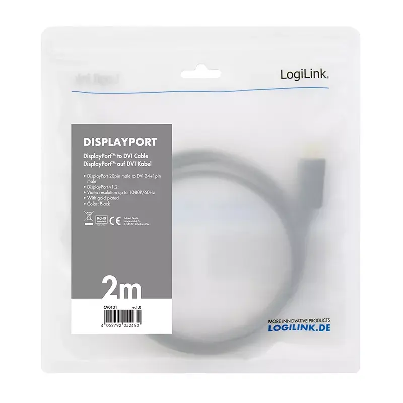 Adaptador de cabo de vídeo LogiLink CV0130 1 m DisplayPort DVI preto