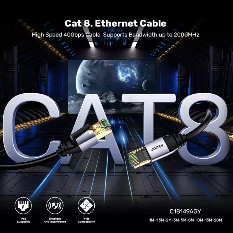 Cabo de rede UNITEK C18149AGY03-2M RJ-45 Cat8 2 m preto