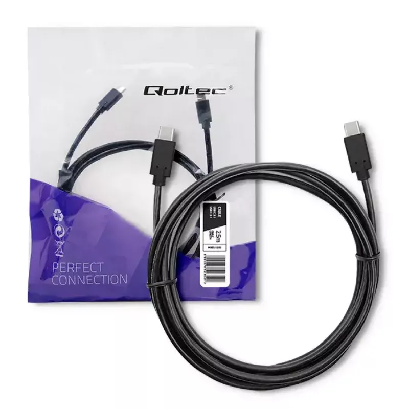 Qoltec 52352 cabo USB-C para USB-C, USB 3.1, 5 Gbit/s, 2,5 m, preto