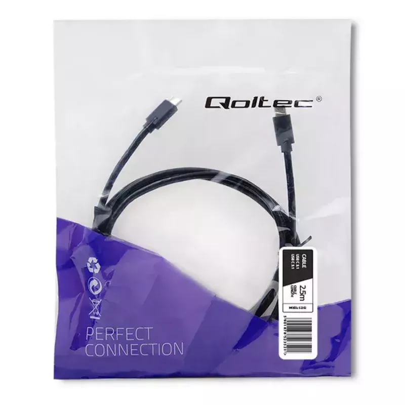 Qoltec 52352 cabo USB-C para USB-C, USB 3.1, 5 Gbit/s, 2,5 m, preto