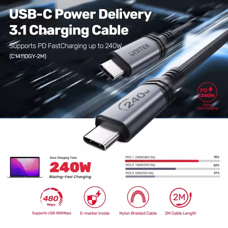 Unitek C14110GY-2M cabo de carregamento USB-C para USB-C, PD 240 W (48 V/5 A), 2 m, preto-cinzento