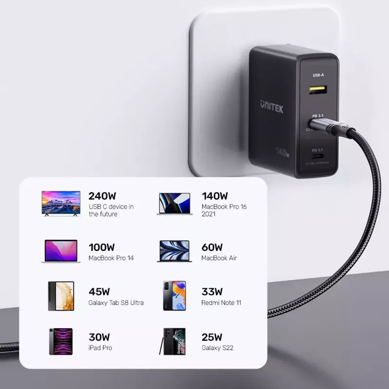 Unitek C14110GY-2M cabo de carregamento USB-C para USB-C, PD 240 W (48 V/5 A), 2 m, preto-cinzento