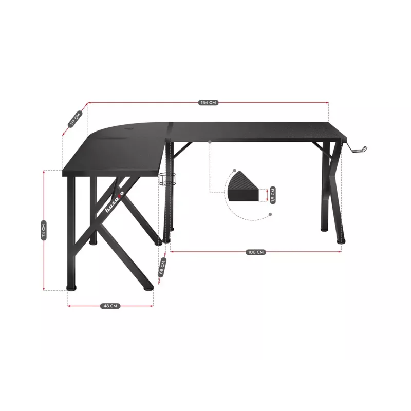 Huzaro Hero 6.3 secretária gaming, 154×48×74 cm, tampo de 1,5 cm, preta