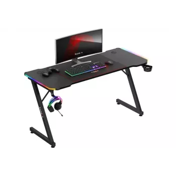 Secretária de gaming huzaro Hero 3.3 RGB — tampo plano preto 1400x600 mm, iluminação LED, porta-copos, suporte para auscultadores