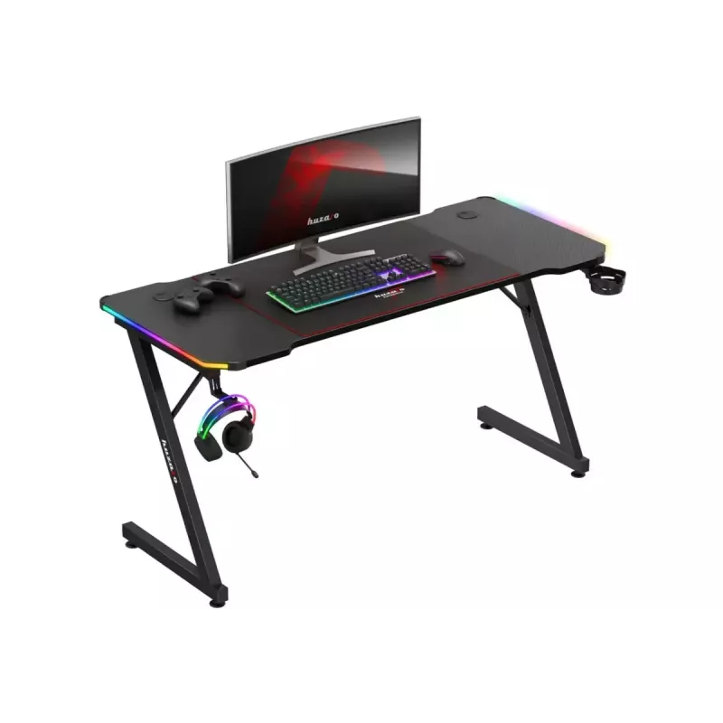 Secretária de gaming huzaro Hero 3.3 RGB — tampo plano preto 1400x600 mm, iluminação LED, porta-copos, suporte para auscultadores