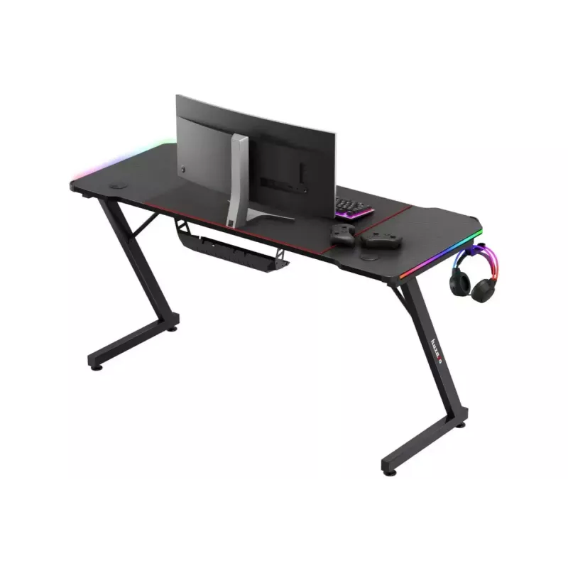 Secretária de gaming huzaro Hero 3.3 RGB — tampo plano preto 1400x600 mm, iluminação LED, porta-copos, suporte para auscultadores
