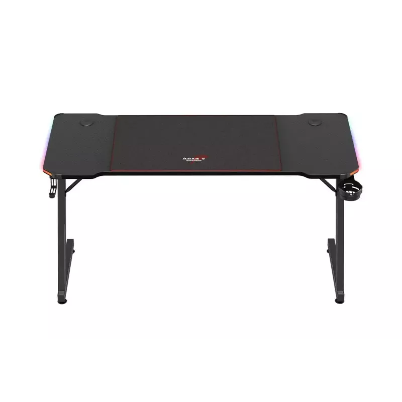 Secretária de gaming huzaro Hero 3.3 RGB — tampo plano preto 1400x600 mm, iluminação LED, porta-copos, suporte para auscultadores