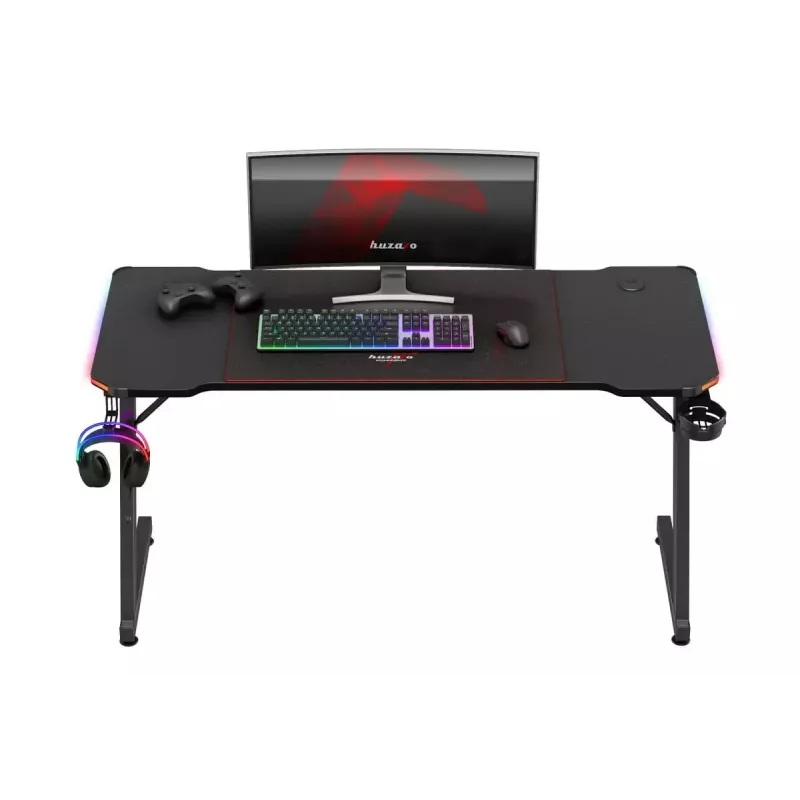 Secretária de gaming huzaro Hero 3.3 RGB — tampo plano preto 1400x600 mm, iluminação LED, porta-copos, suporte para auscultadores