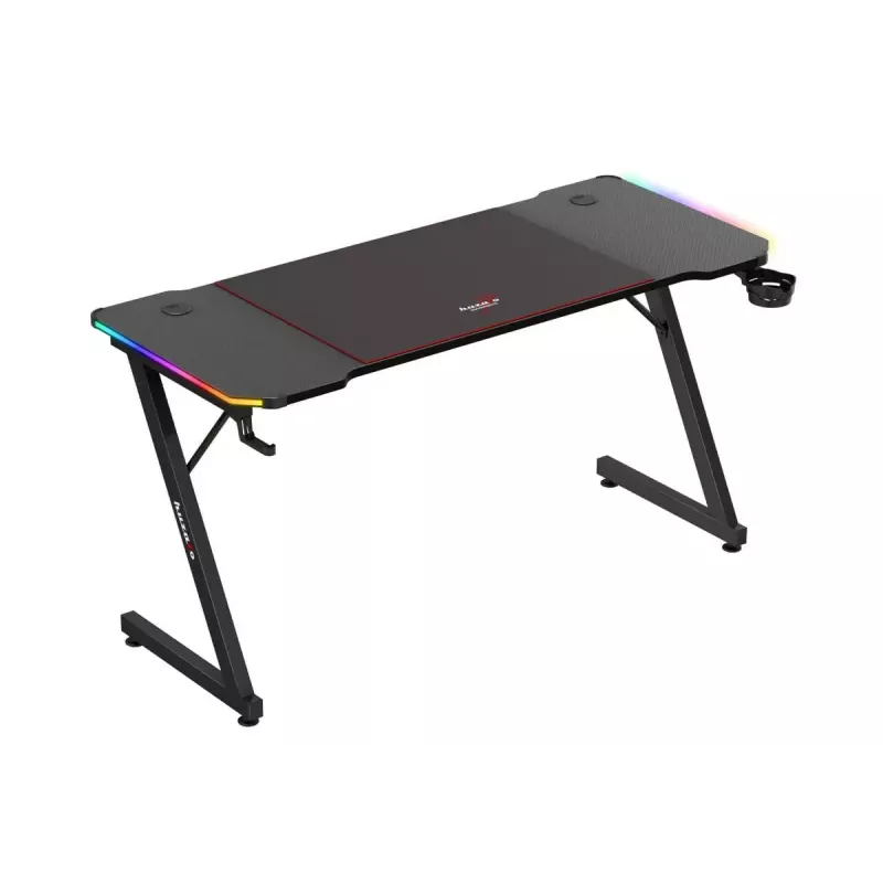 Secretária de gaming huzaro Hero 3.3 RGB — tampo plano preto 1400x600 mm, iluminação LED, porta-copos, suporte para auscultadores