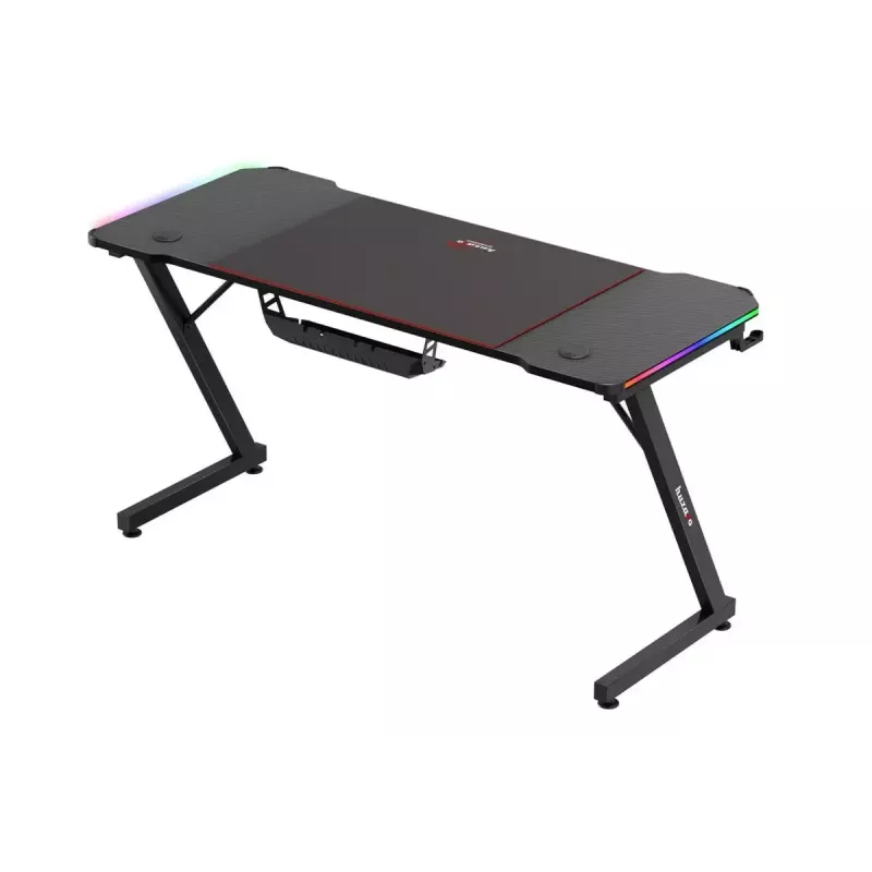 Secretária de gaming huzaro Hero 3.3 RGB — tampo plano preto 1400x600 mm, iluminação LED, porta-copos, suporte para auscultadores