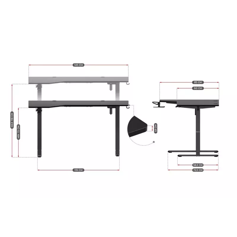 Huzaro Hero 9.1 secretária gaming elétrica, altura ajustável, 145×85 cm, preta